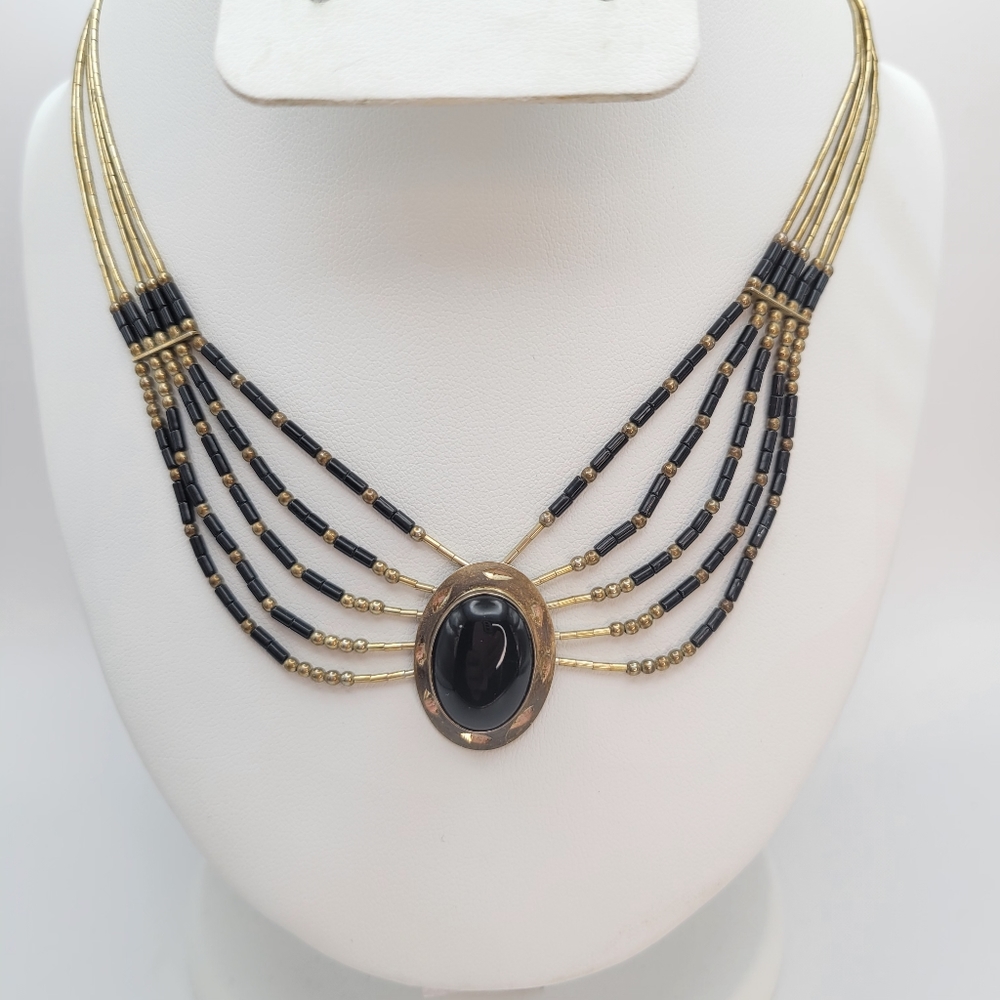Southwestern Style Gold-tone Sterling  Black Onyx Liquid Silver Chocker Necklace